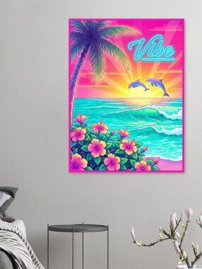2016 Vibes Poster - Tropical Sunset Art | Retro Vaporwave Wall Decor